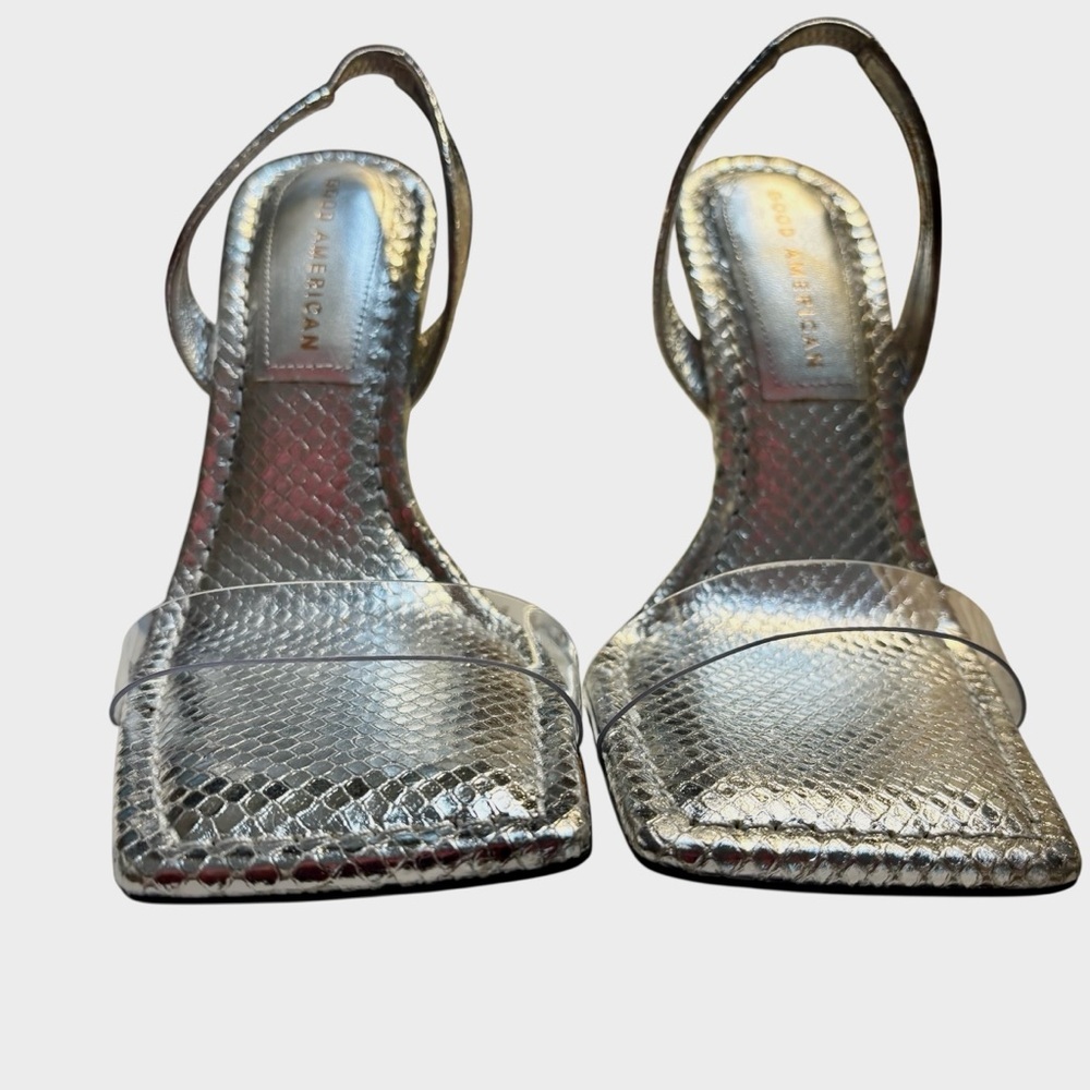 NEW Good American Heels Size 7 Metallic Silver Clear front Strap Made in Spain - Picture 6 of 16